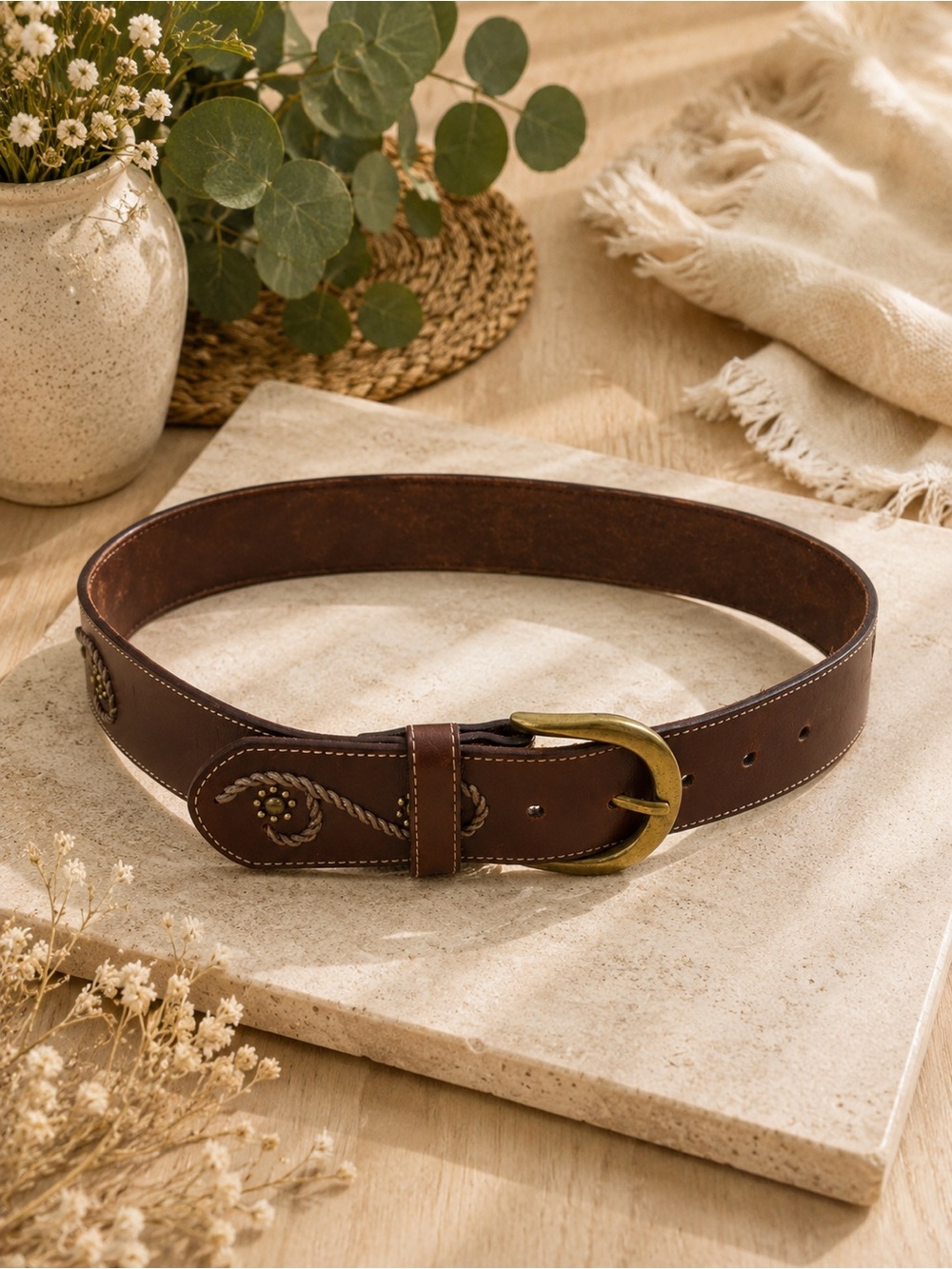 Brighton Brown Leather Belt with Brass-Tone Buckle